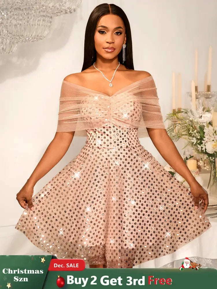 Women’s Strapless Off Shoulder Mesh Capelet Sequin Dress A Line Party Mini Dress LightPink / S
