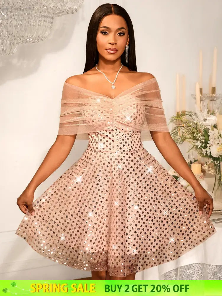 Women’s Strapless Off Shoulder Mesh Capelet Sequin Dress A Line Party Mini Dress LightPink / S