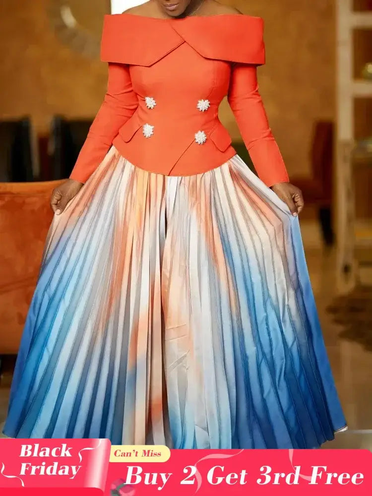 Women’s Two Piece Set Elegant Off Shoulder Suit Tops Printed Loose Long Pleated Skirt