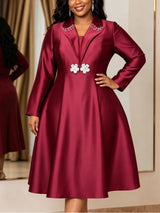 AOMEIDRESS Women Satin A Line Dress Square Collar Beaded Long Sleeve
