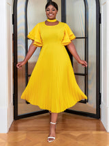 yellow ruffles sleeve pleated wedding guest dress