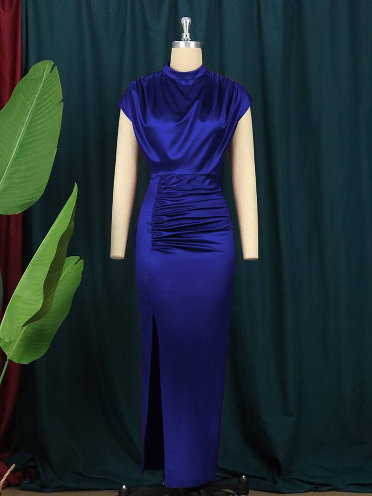 Navy Blue Ruched Long Dress