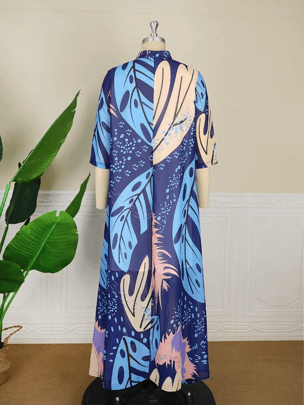 AOMEI Casual Stand Neck Floral Print Dress Maxi