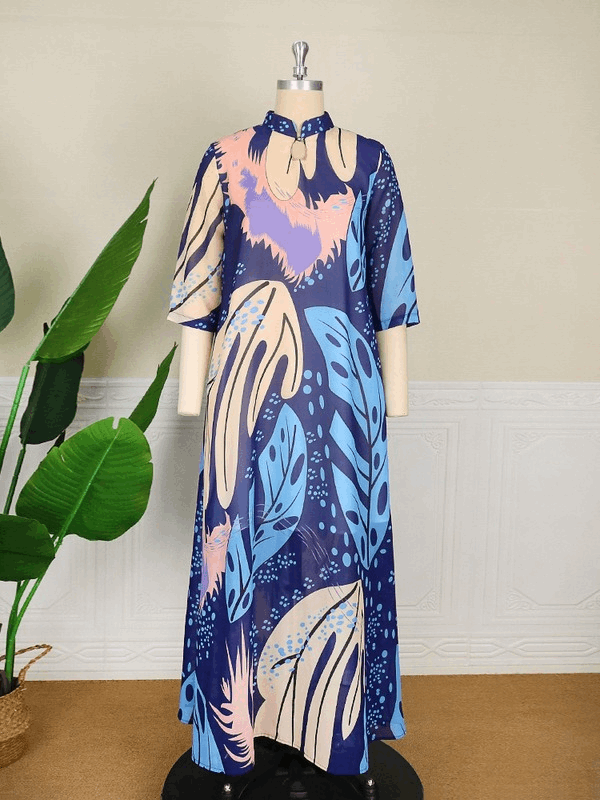 AOMEI Casual Stand Neck Floral Print Dress Maxi