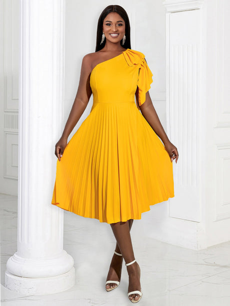 AOMEIDRESS Yellow One Shoulder Ruffle High Waist Pleated A Line Dress