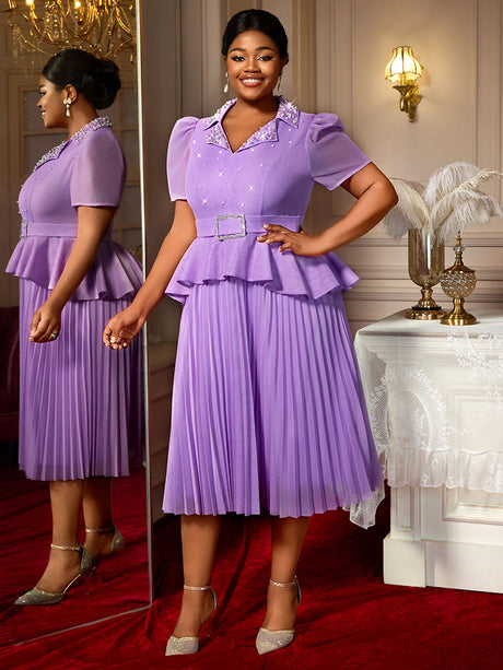 AOMEIDRESS A Line Midi Beaded Party Dress With Waist Belt Puff Sleeve