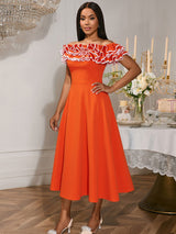 AOMEIDRESS Orange A Line Off Shoulder Dress Slash Neck 3D Ruffles
