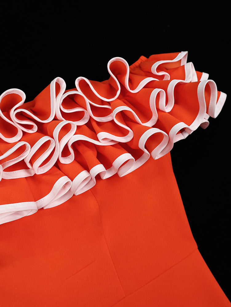 AOMEIDRESS Orange A Line Off Shoulder Dress Slash Neck 3D Ruffles