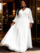 AOMEIDRESS White Chiffon A Line Dresses V Neck Puff Sleeves Waistband