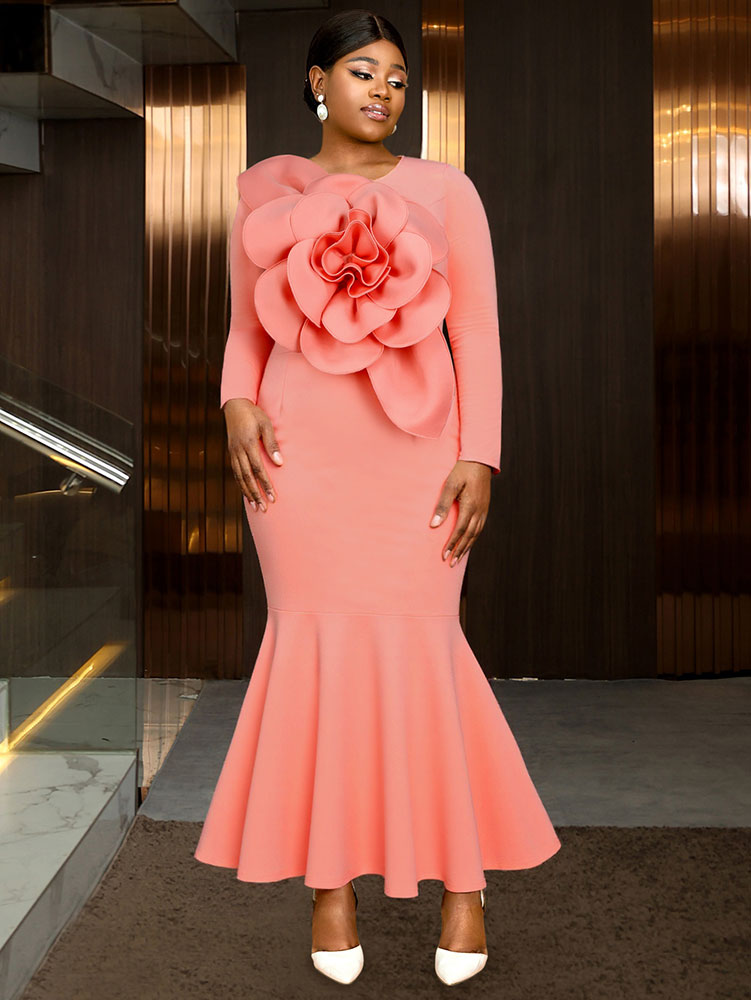 AOMEIDRESS Elegant Pink Maxi Mermaid Dress with 3D Flower for Wedding