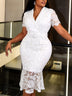 AOMEIDRESS Chic Lace Fishtail Dress Notched Lapel Short Sleeve Belted