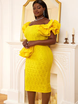 AOMEI Off Shoulder Ruffles Patchwork Dresses Fashion Bodycon Lace Midi Yellow