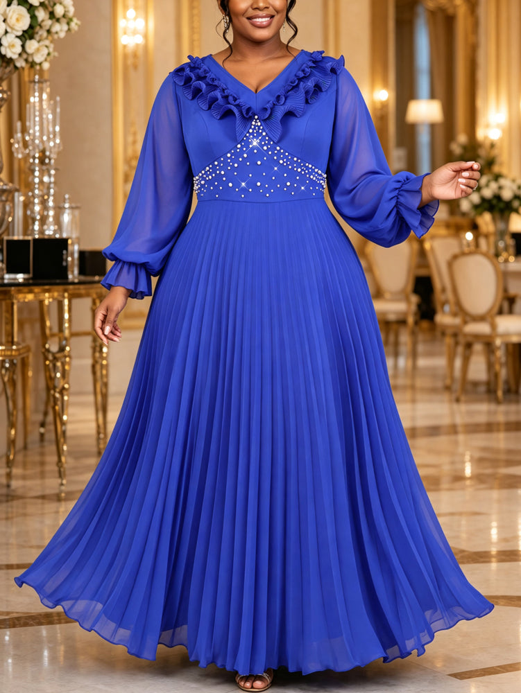 AOMEIDRESS Chiffon Dress V Neck Ruffle Long Sleeve Pleated Rhinestone
