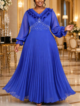 AOMEIDRESS Chiffon Dress V Neck Ruffle Long Sleeve Pleated Rhinestone