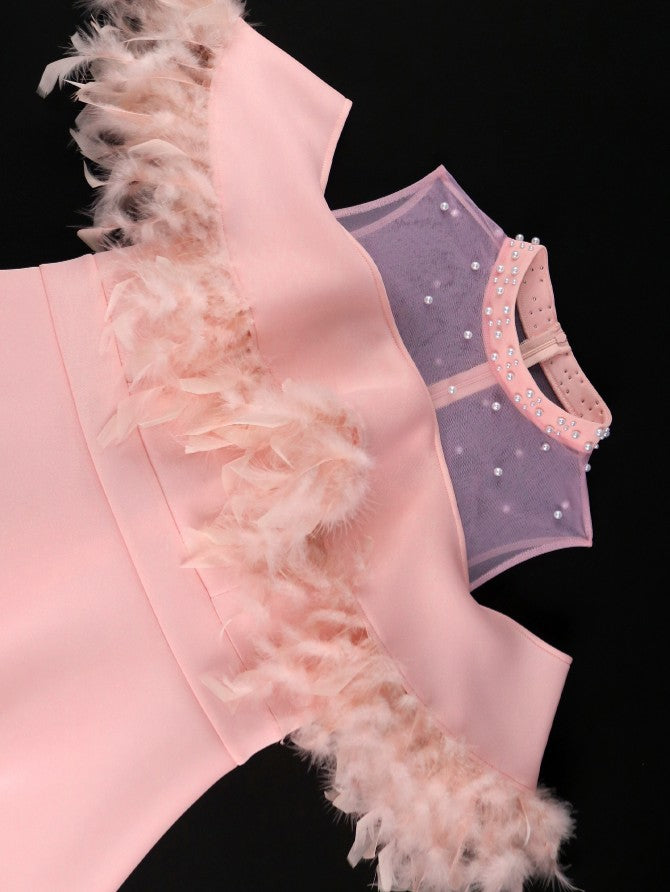 AOMEIDRESS Pink A Line Dress Mock Neck Tulle Beaded Feather Patchwork