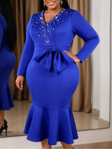 AOMEIDRESS Women Elegant Mermaid Dress Beaded V Neck Long Sleeve Bow