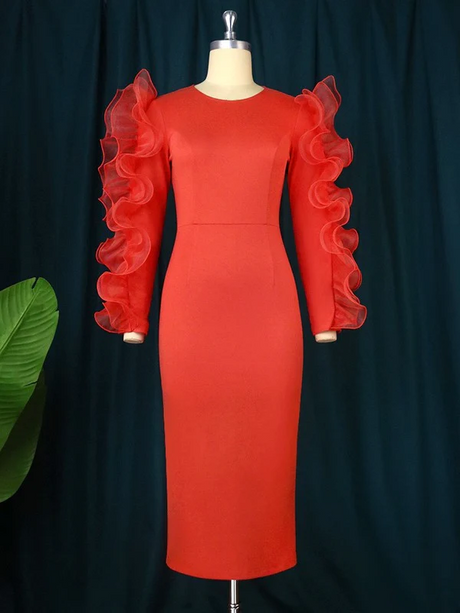 AOMEI Patchwork Ruffle Red Midi Bodycon Christmas Dress Red / S