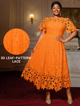 AOMEIDRESS Elegant A Line Lace Dress O Neck Hollow Out Short Sleeves Orange / S