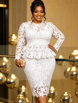 AOMEIDRESS Bodycon Lace Dress O Neck Long Sleeves Hollow Out Peplum