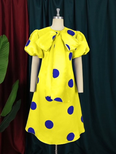 Bowtie Short Lantern Sleeve Polka Dot Printed Loose Dress Midi