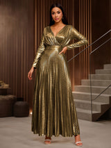 AOMEIDRESS Elegant Gold A Line Pleated Dress V Neck Long Sleeve Gowns