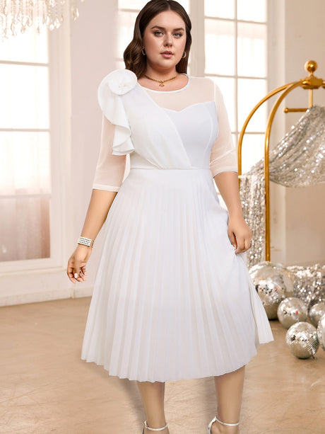 AOMEIDRESS White O Neck Mesh Patchwork Ruffles A Line Pleated Dress