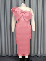 AOMEIDRESS One Shoulder Tassel Dresses Sexy Big Bow Ruffles Wedding Guest Occassion Pink / S