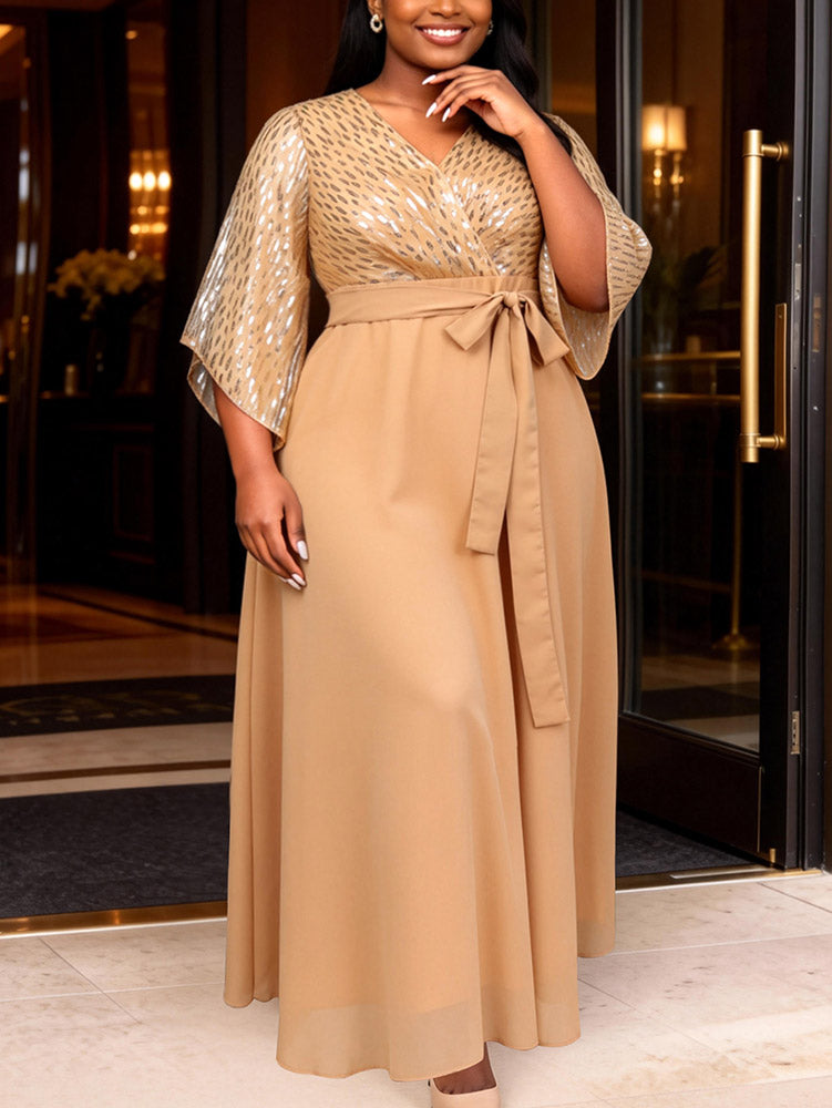 AOMEIDRESS Chiffon A Line Dresses Sequins V Neck Flare Sleeve Lace Up