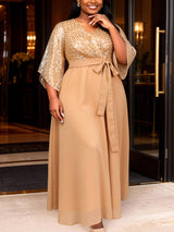 AOMEIDRESS Chiffon A Line Dresses Sequins V Neck Flare Sleeve Lace Up