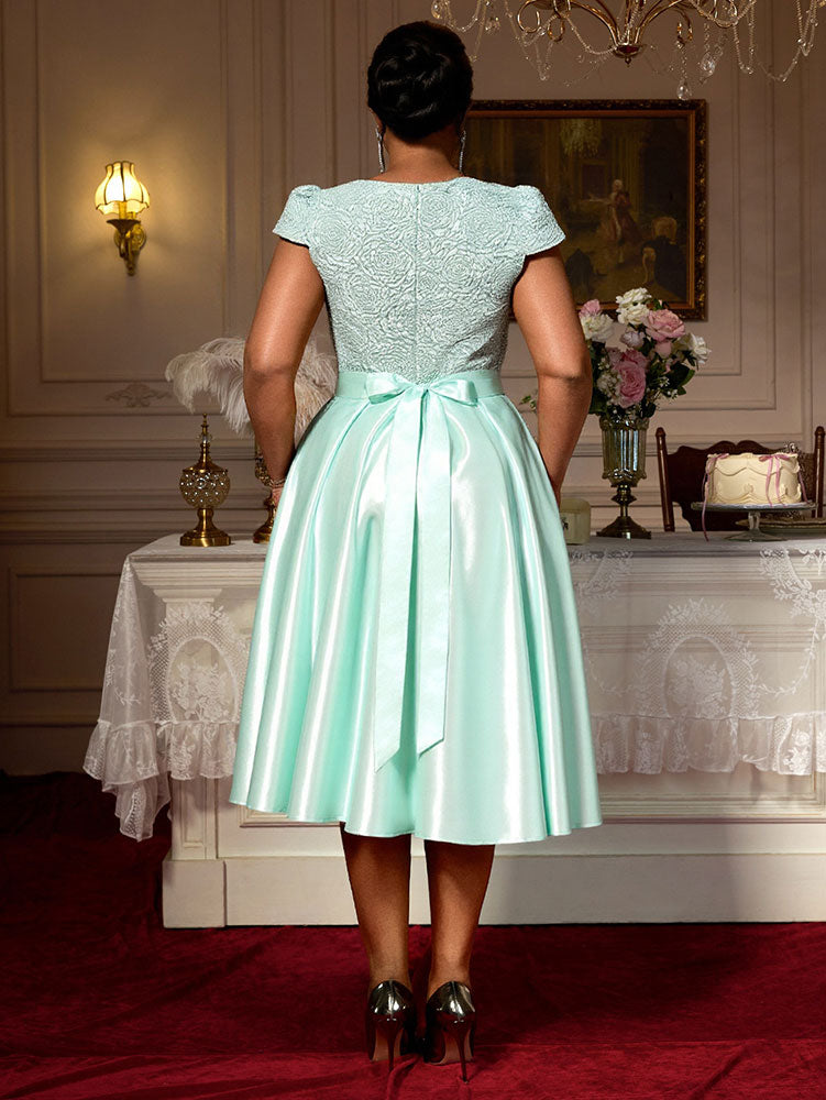 AOMEIDRESS Elegant A Line Midi Jacquard Wedding Dress Patchwork Satin Skirt