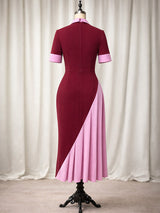 AOMEIDRESS Color Block Midi Bodycon Dresses Asymmetrical Pleated Hem