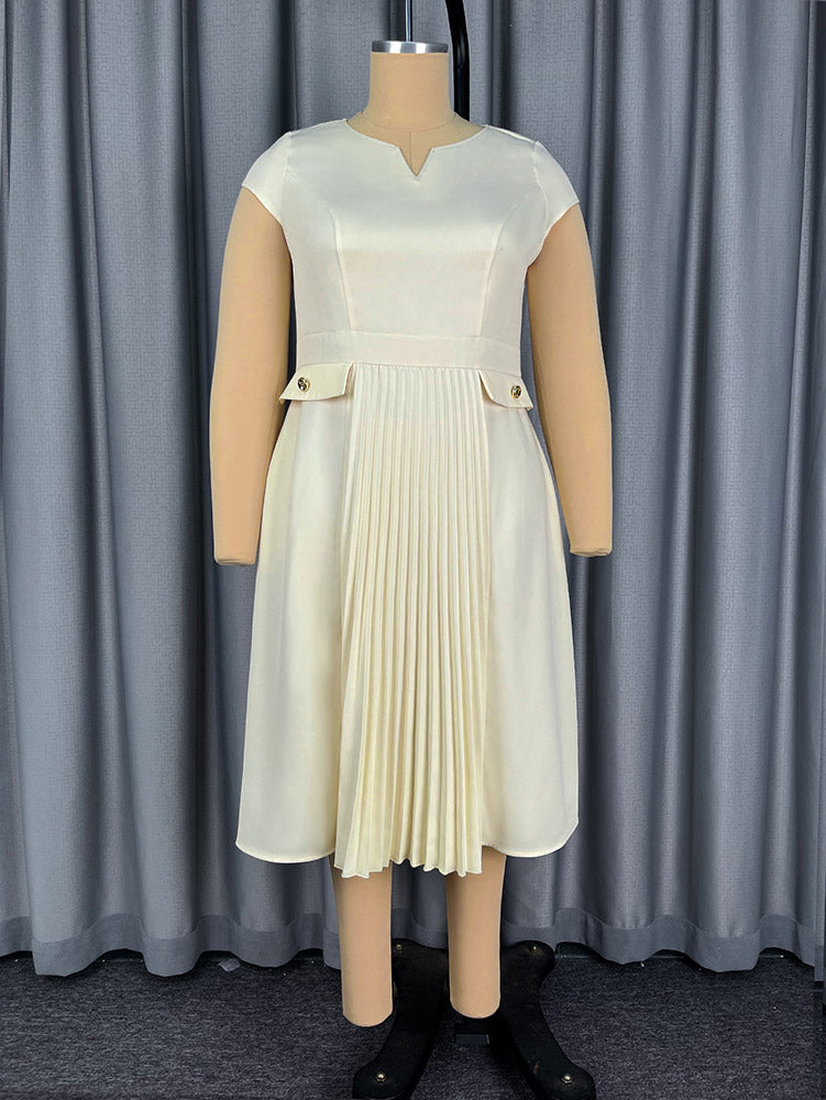 AOMEIDRESS A Line Dress V Neck Short Sleeves Fitted Waist Pleated Hem