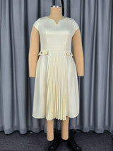 AOMEIDRESS A Line Dress V Neck Short Sleeves Fitted Waist Pleated Hem