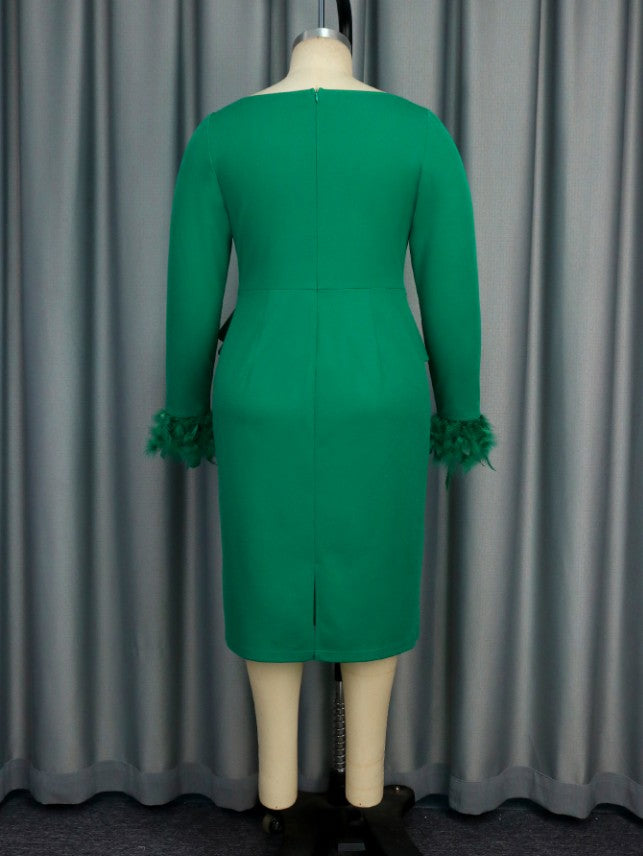 AOMEIDRESS Green Bodycon Dress V-neck Patchwork Feather Long Sleeve