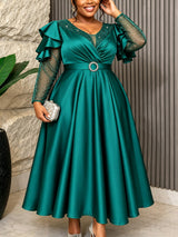 AOMEIDRESS Satin Dress V Neck Sequin Mesh Puff Ruffle Long Sleeve