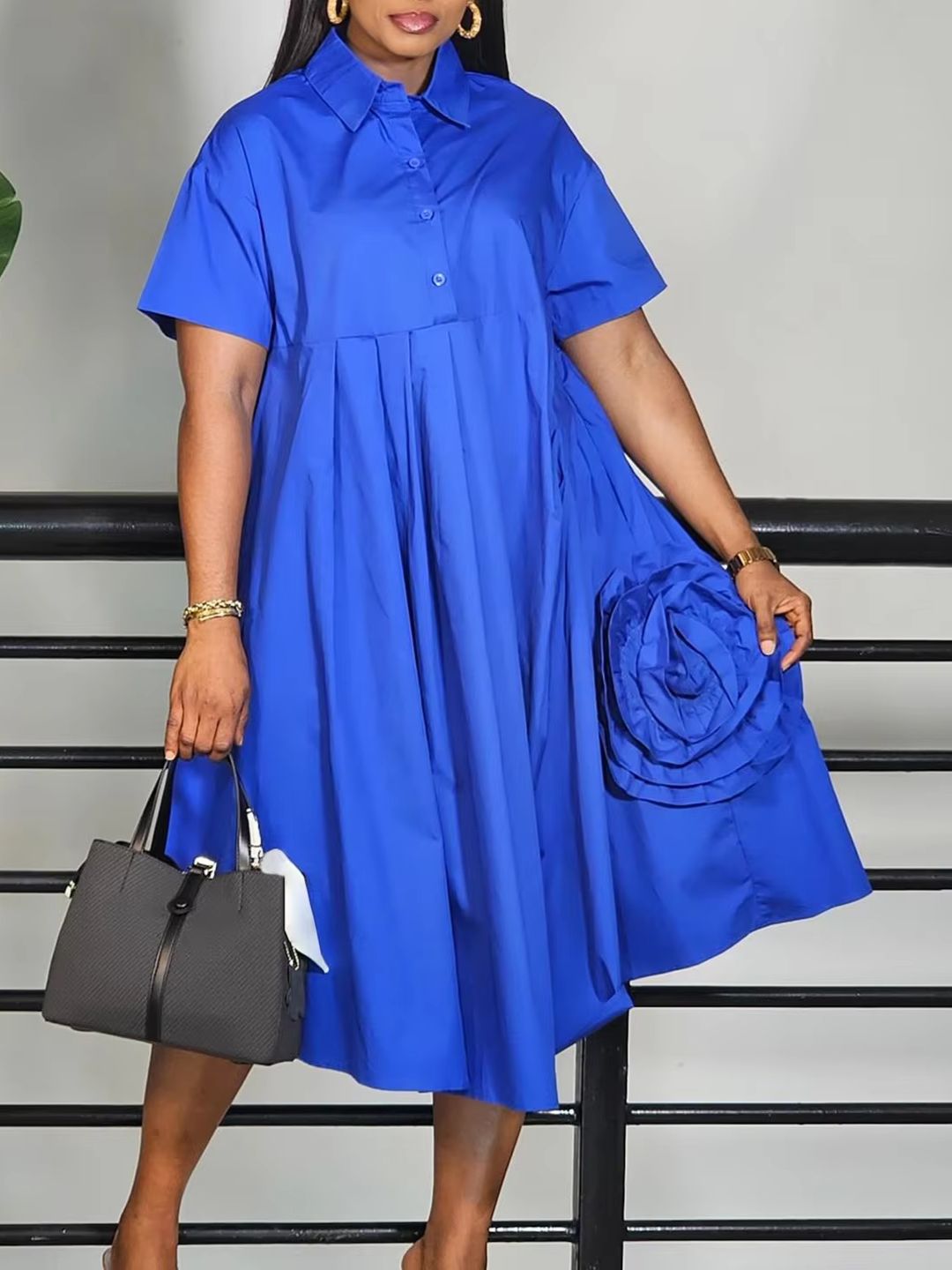 Elegant Loose Shirt Dresses For Women Turn Down Collar Short Sleeve 3D Flower