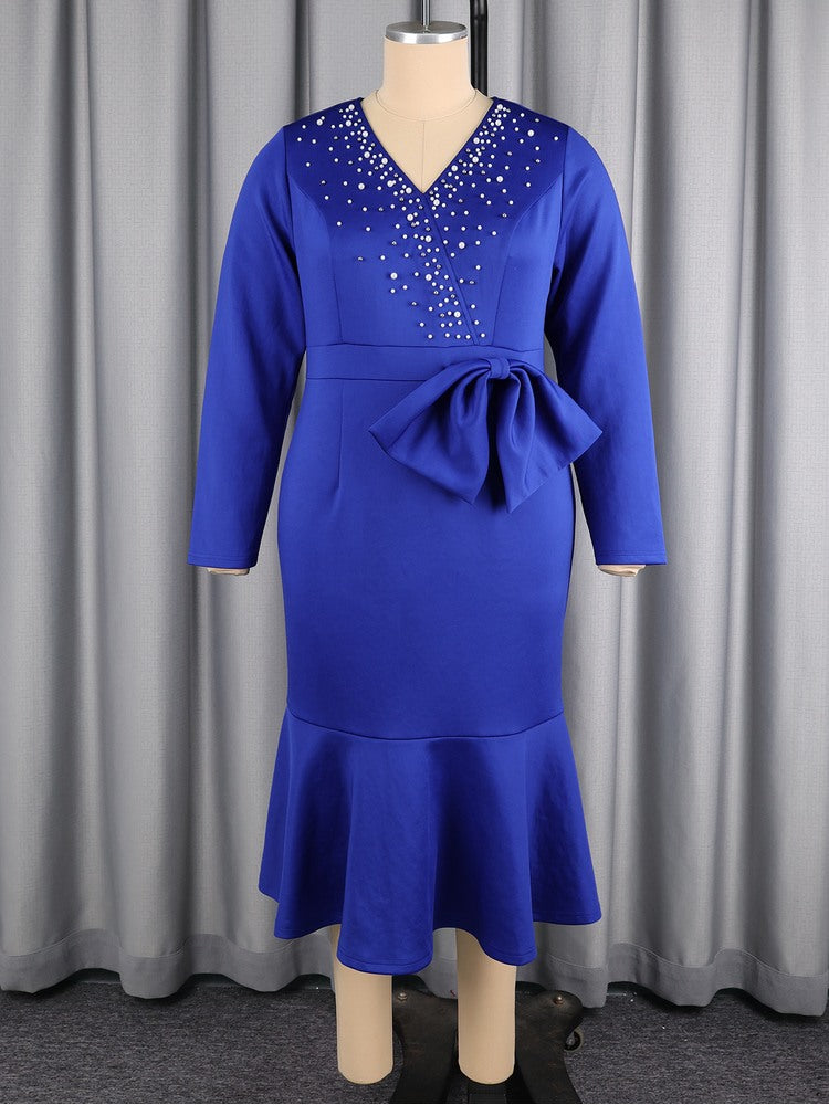 AOMEIDRESS Women Elegant Mermaid Dress Beaded V Neck Long Sleeve Bow