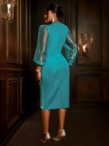 AOMEIDRESS Elegant Beading Evening Dress Sheer Sleeve Waist Belt Slit