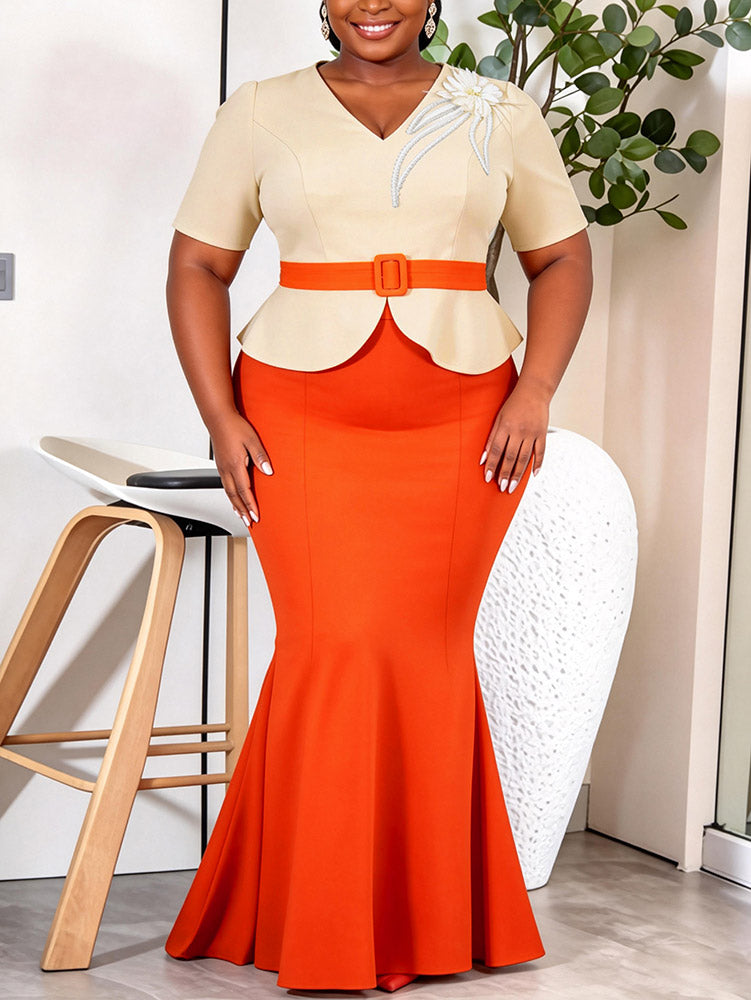 AOMEIDRESS Two Piece Sets V Neck Tops Appliques Belt Mermaid Skirts