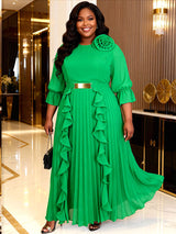 AOMEIDRESS Chiffon Pleated Dress with Layered Ruffles 3D Flower Belt