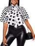 AOMEIDRESS Elegant Polka Dot Causal Blouse Bow Neck Short Sleeves