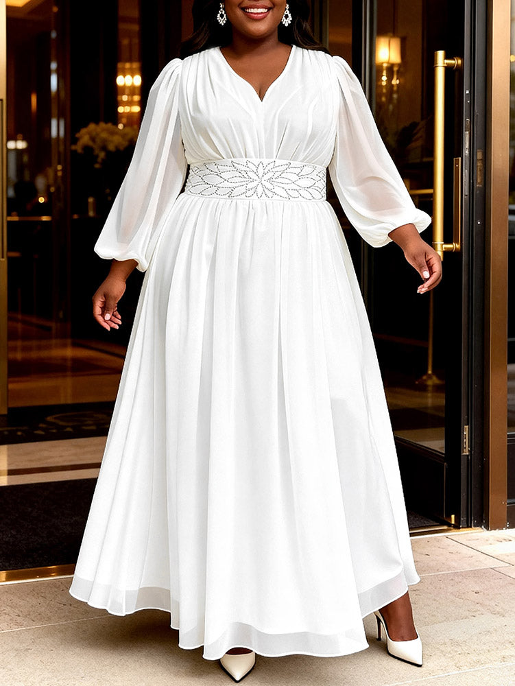 AOMEIDRESS White Chiffon A Line Dresses V Neck Puff Sleeves Waistband