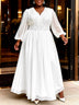 AOMEIDRESS White Chiffon A Line Dresses V Neck Puff Sleeves Waistband