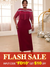 AOMEIDRESS Burgundy Party Dresses O Neck Tulle Patchwork Fringe