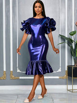 AOMEIDRESS DarkBlue Bodycon Mermaid Dress  Ruffle Sleeve Party Gowns