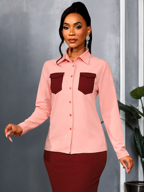 AOMEIDRESS Elegant Colorblock Turn Down Collar Long Sleeves Shirt