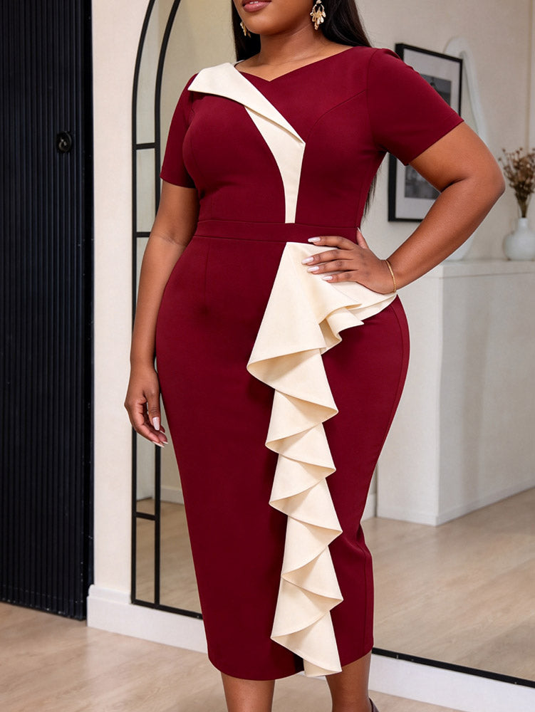 AOMEIDRESS Bodycon Midi Dresses Contrast Ruffle Short Sleeve V Neck
