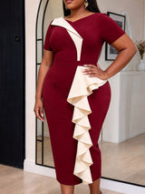 AOMEIDRESS Bodycon Midi Dresses Contrast Ruffle Short Sleeve V Neck