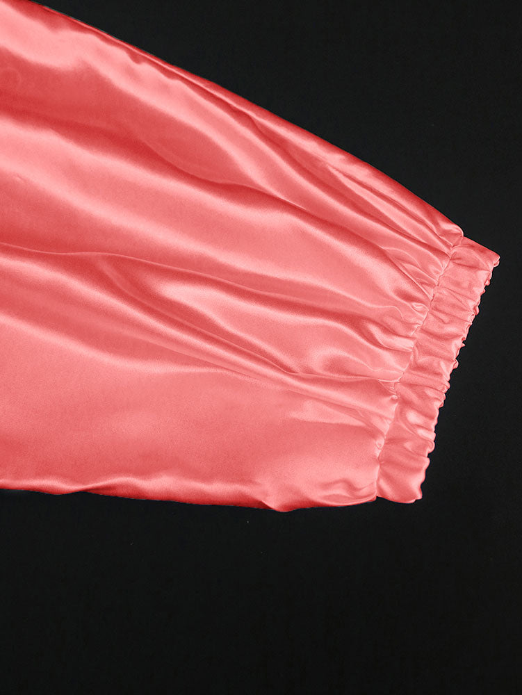 AOMEIDRESS Pink Satin Shirt Dress Elastic A Line Puff Sleeves Waist