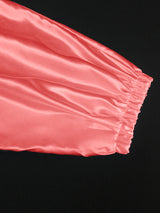 AOMEIDRESS Pink Satin Shirt Dress Elastic A Line Puff Sleeves Waist